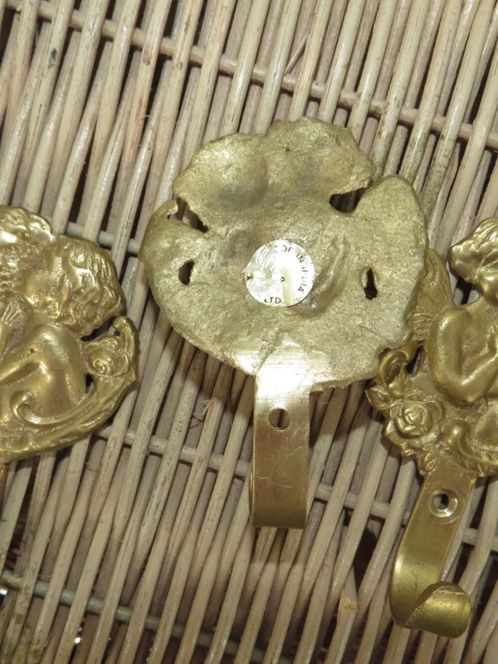 Vintage Brass Cherub Wall Hooks Set Gold 4 Inch Angel Hanger 3 Pack Decorative